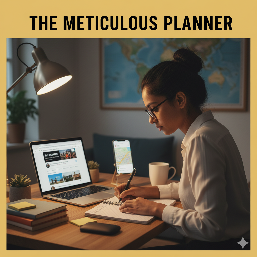 Meticulous planner researching a trip with notes and maps